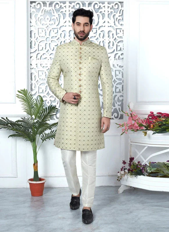 Men's Pista Green Jacquard Silk Embroidery Indo Western Set