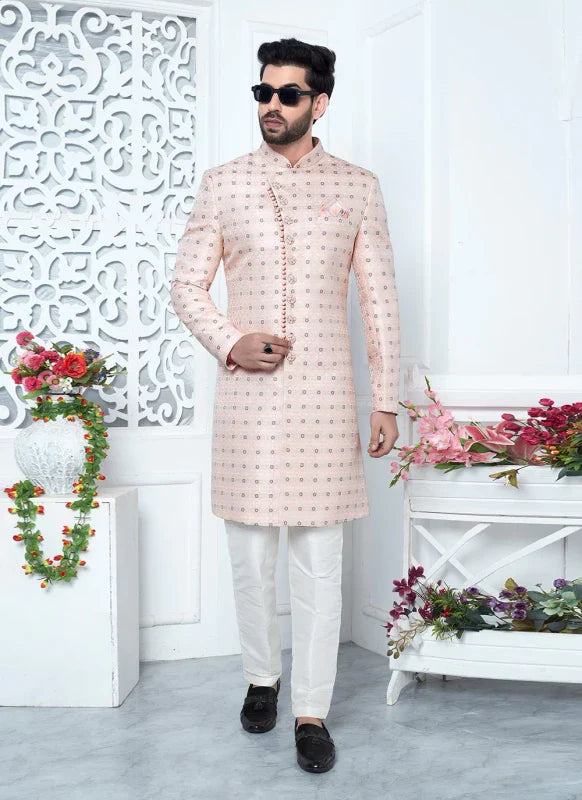 Men's Pink Jacquard Silk Embroidery Indo Western Set