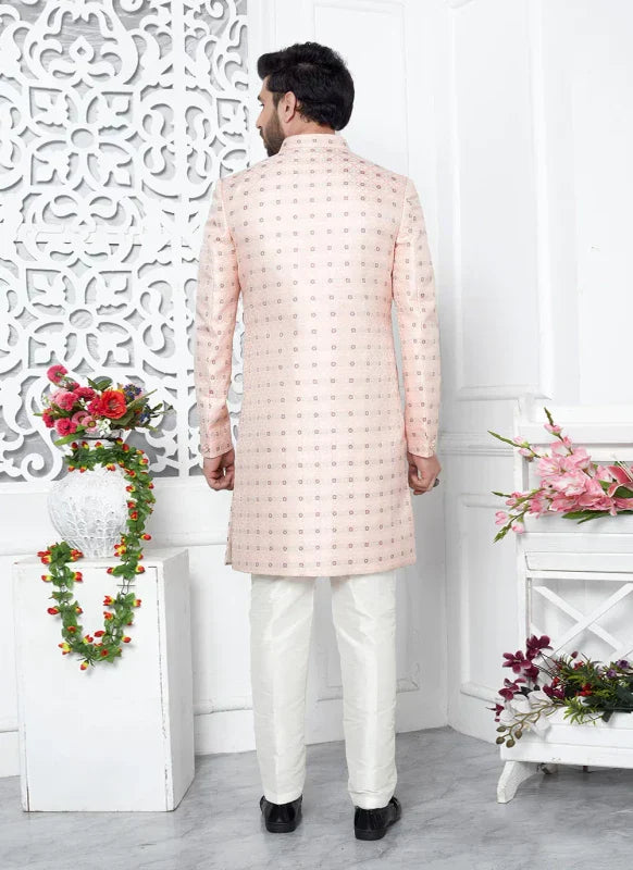 Men's Pink Jacquard Silk Embroidery Indo Western Set