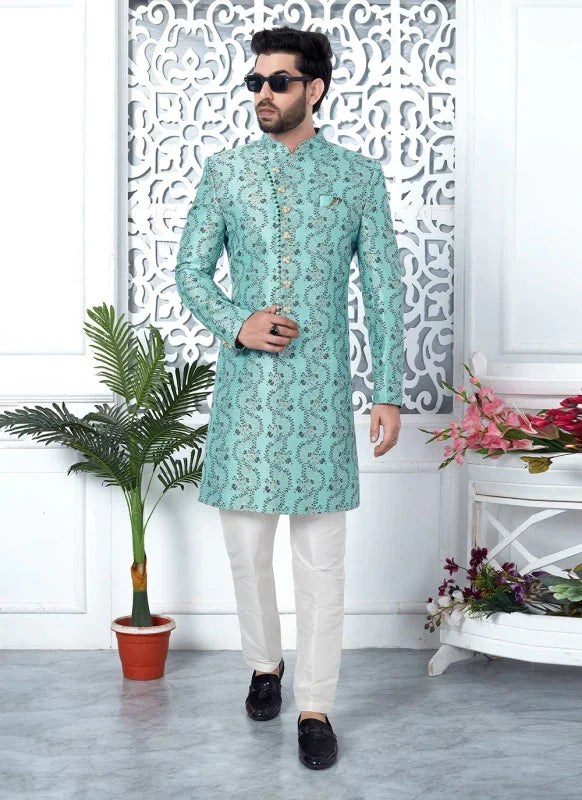 Men's Sky Blue Jacquard Silk Embroidery Indo Western Set