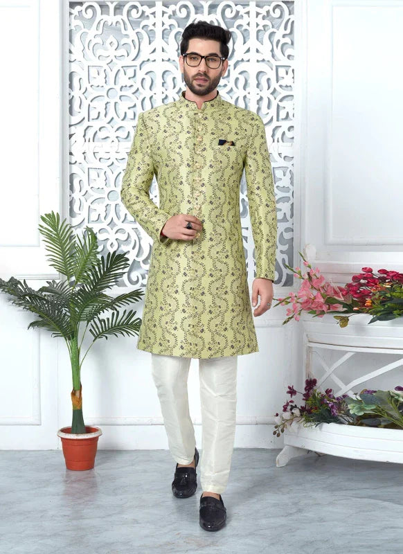 Men's Green Jacquard Silk Embroidery Indo Western Set