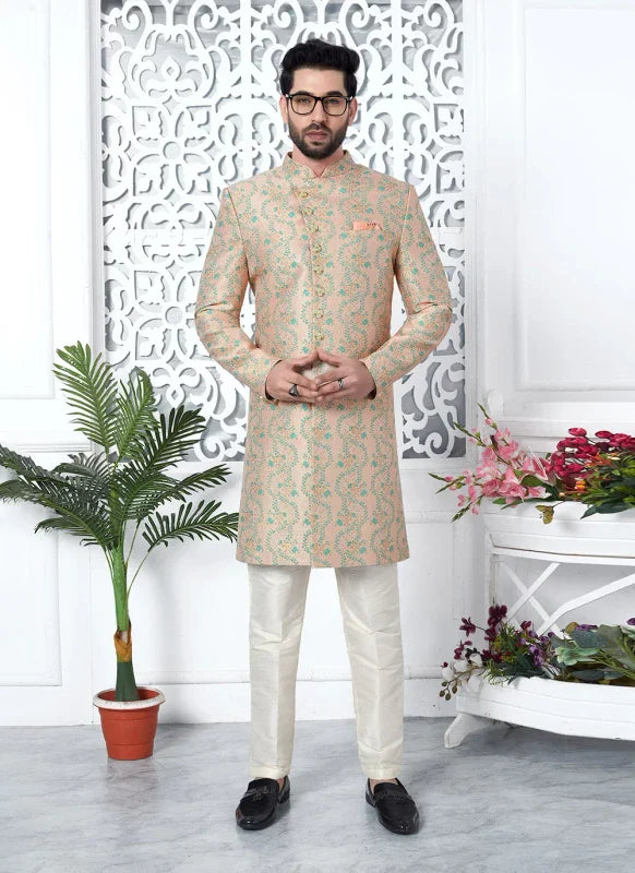 Men's Peach Jacquard Silk Embroidery Indo Western Set