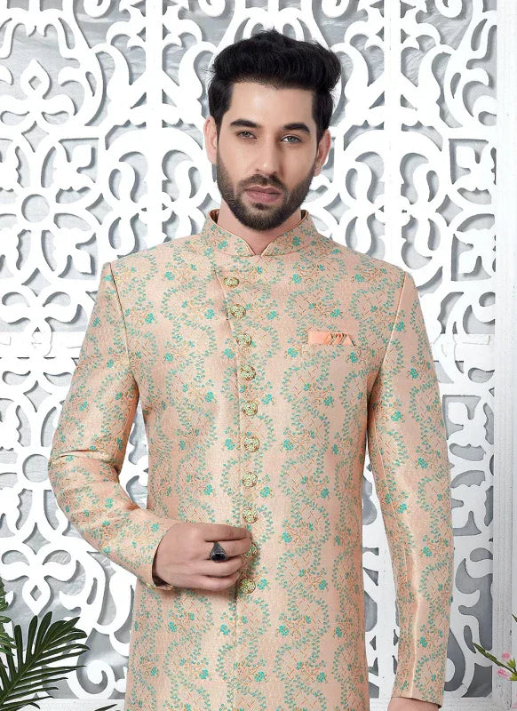 Men's Peach Jacquard Silk Embroidery Indo Western Set