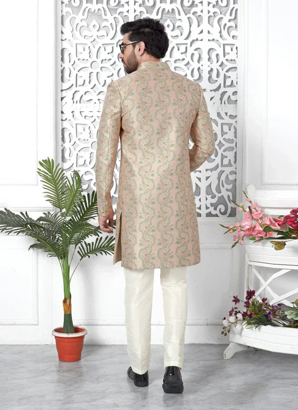 Men's Peach Jacquard Silk Embroidery Indo Western Set