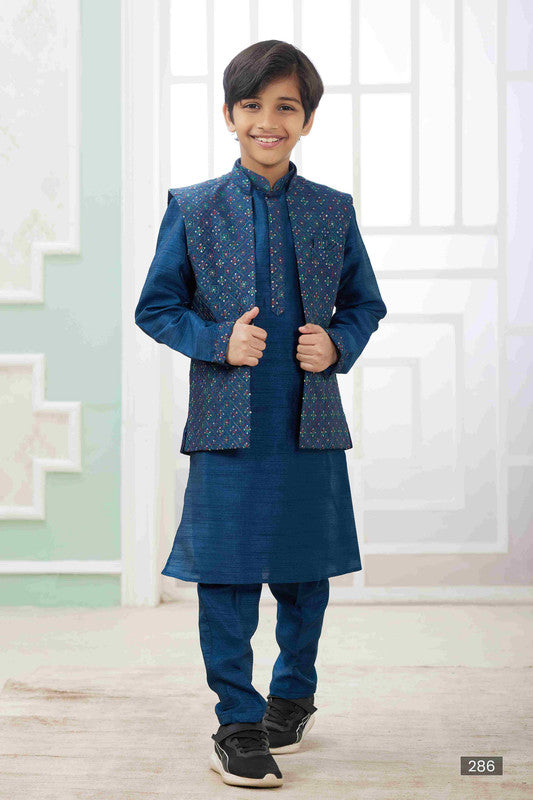 Boy's Teal Blue Art Silk Embroidery Jacket Set