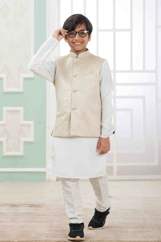 Boy's Off White Art Silk Embroidery Jacket Set