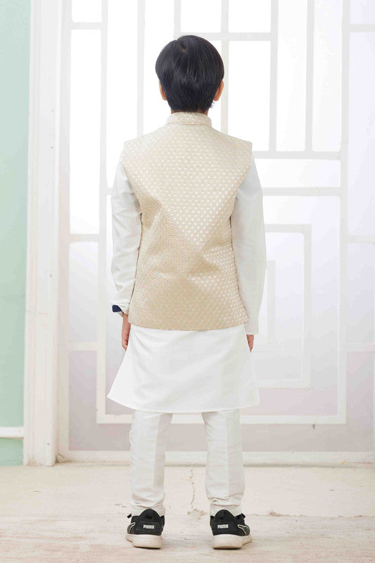 Boy's Off White Art Silk Embroidery Jacket Set
