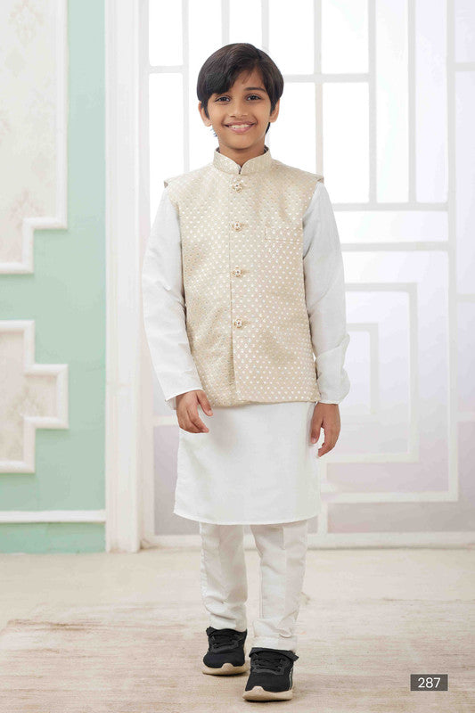Boy's Off White Art Silk Embroidery Jacket Set