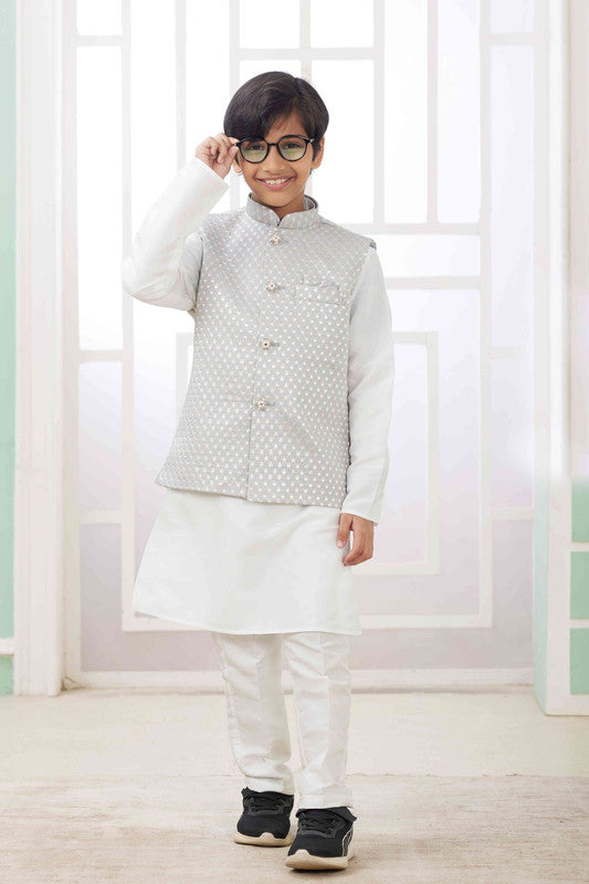 Boy's Grey Art Silk Embroidery Jacket Set