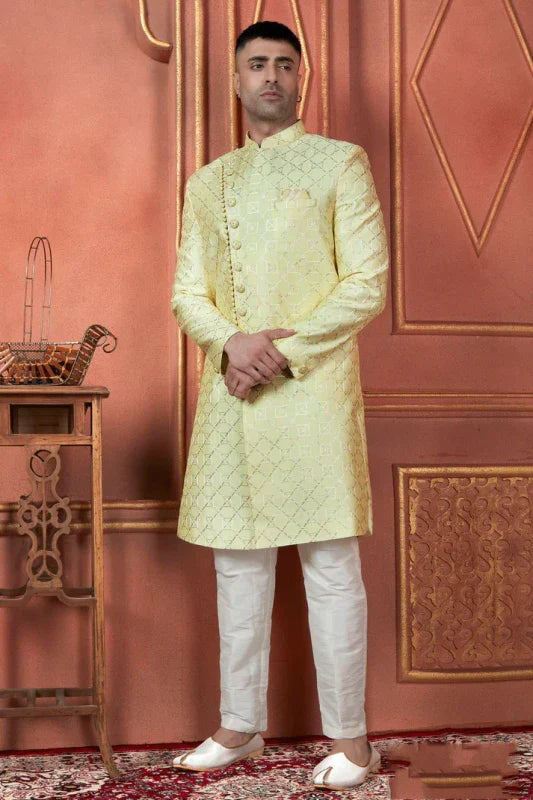 Men's Yellow Art Silk Thread Work Indo Western Set
