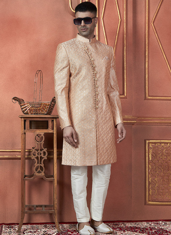 Men's Peach Art Silk Thread Work Indo Western Set