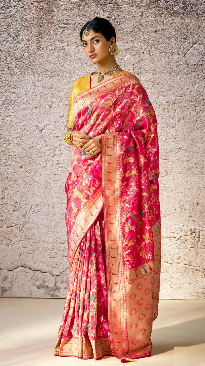 Pink Kora Banarasi Saree With Delicate floral patterns