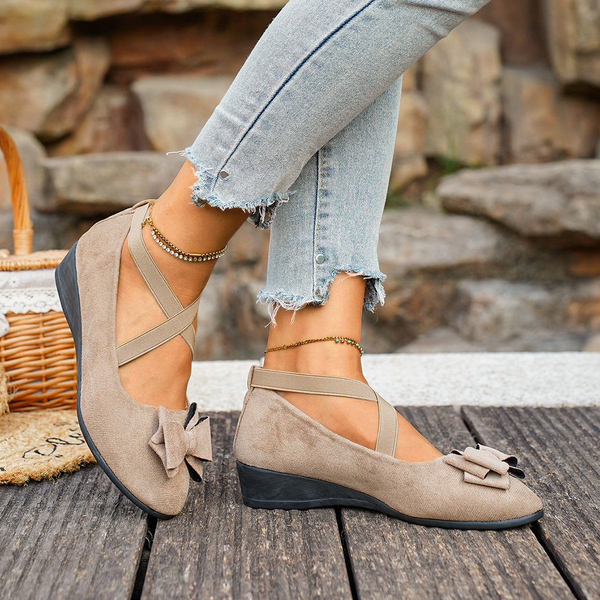 Women’s Elara Bow Suede Wedge Loafers – Elastic Cross-Strap Comfort Slip-Ons (US 5–10.5)