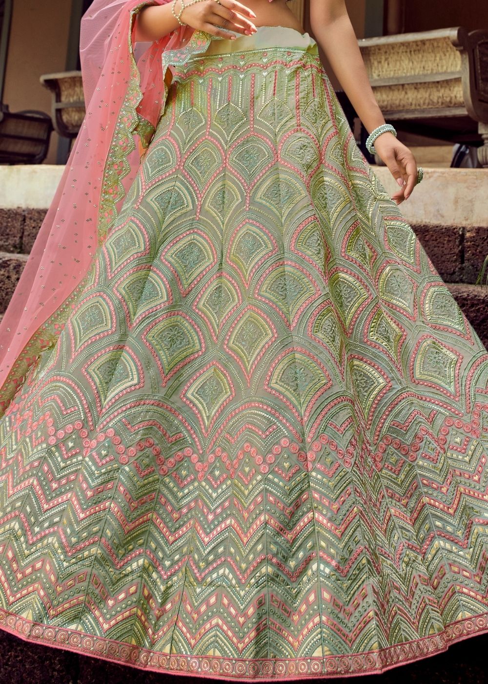 Pista Green Organza Lehenga Choli with Gota & Resham work | Ready To Wear - qivii