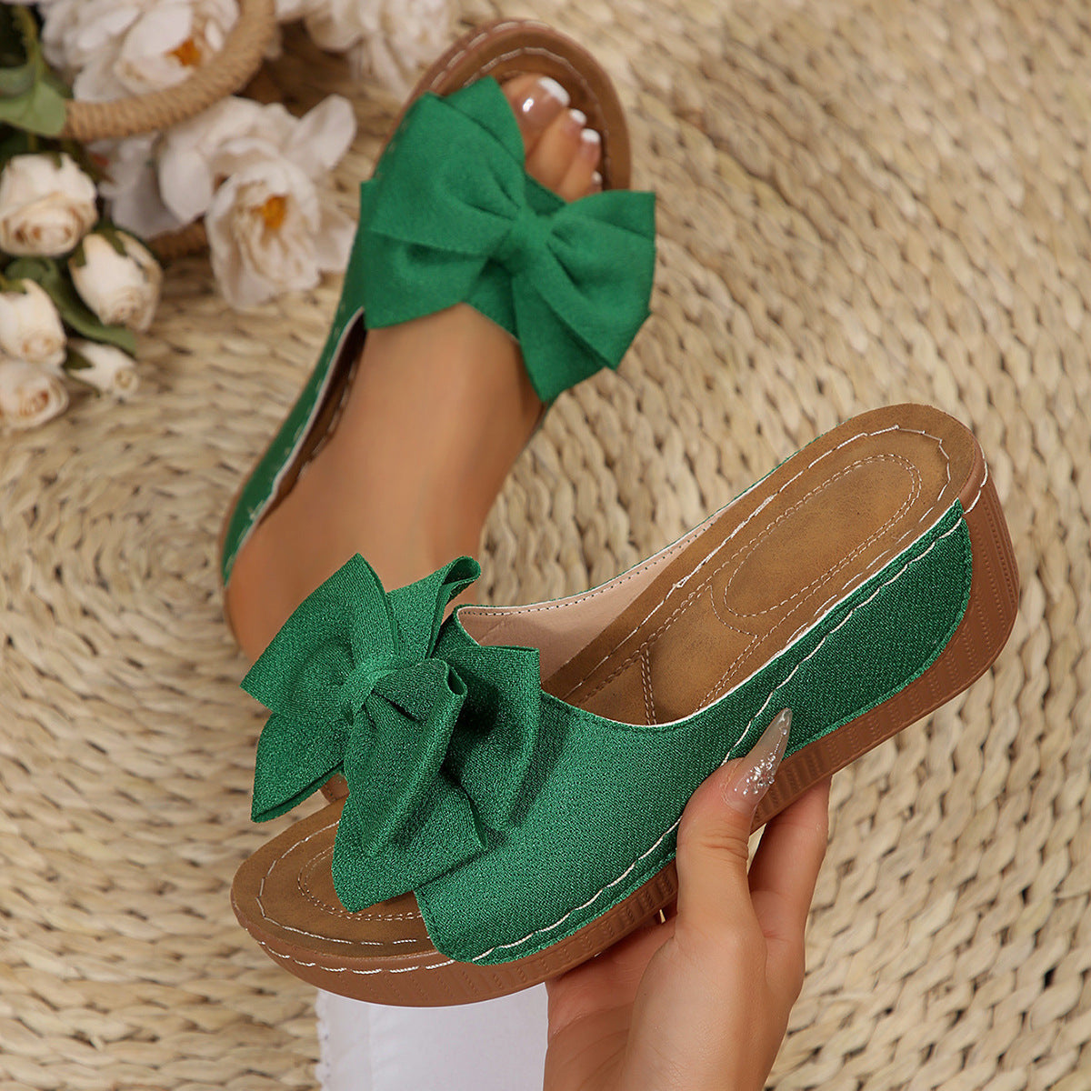 Women’s Liora Bow Flower Platform Wedge Slide Sandals – Peep-Toe Wide Strap Summer Slides (US 5–10.5)