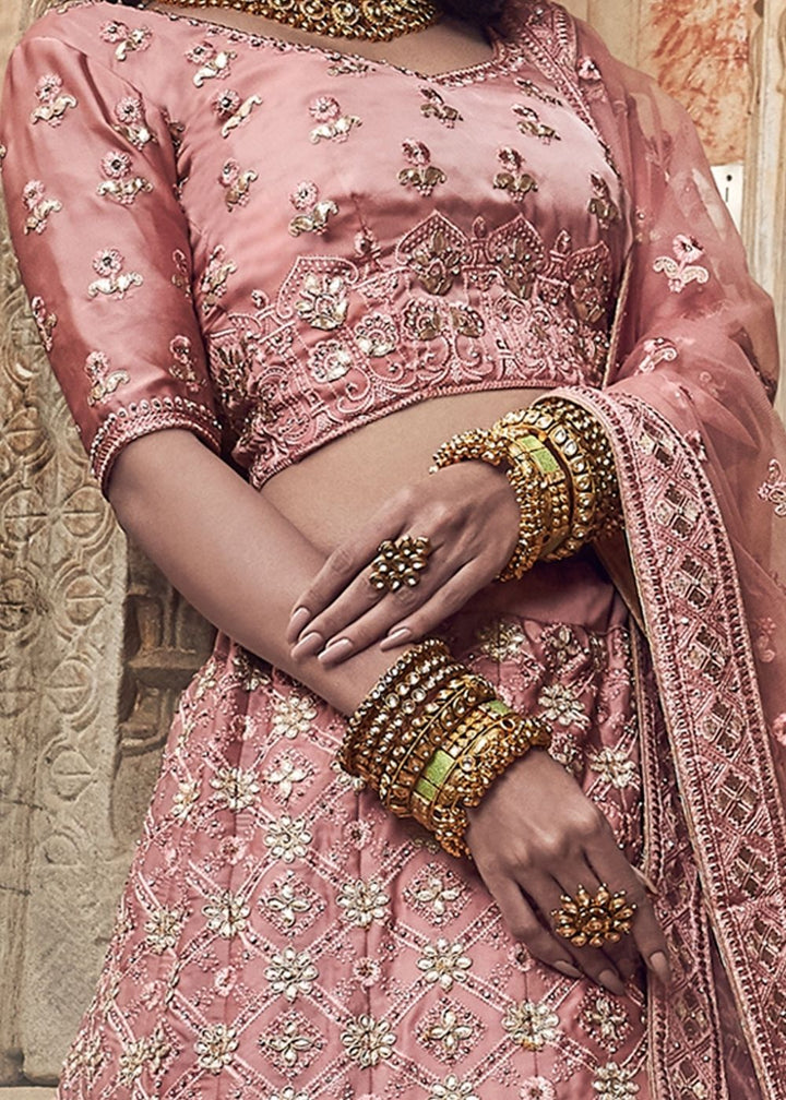 Salmon Pink Satin Lehenga Choli with Gota, Thread, Zarkan and Zari work