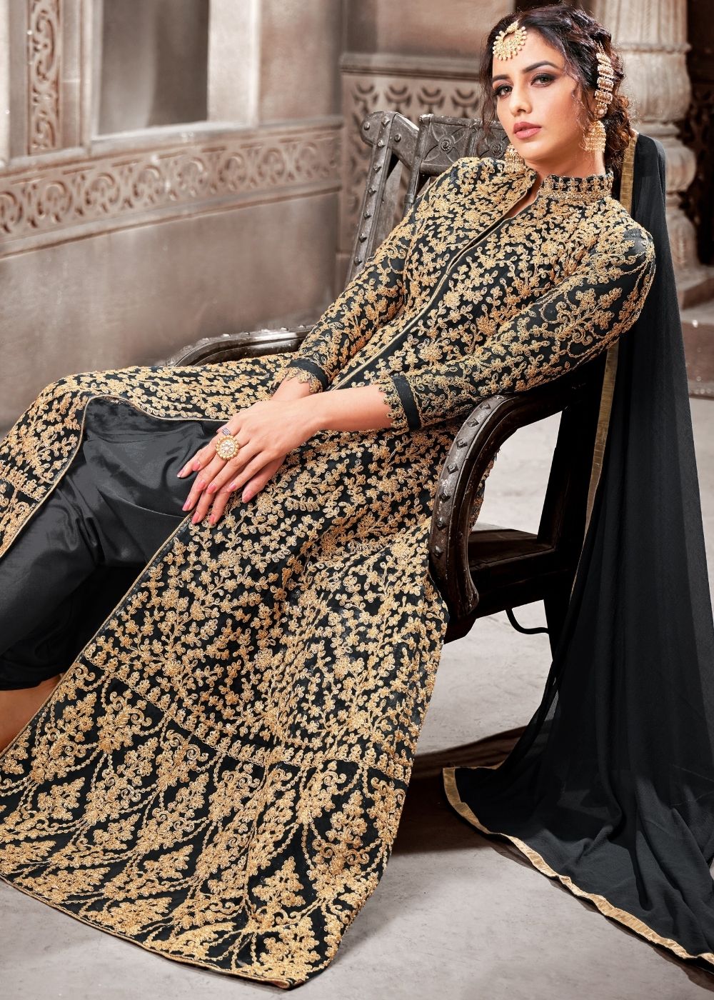 Sable Black Designer Net Anarkali Suit with Full Thread Embroidery Work: Top Pick By Qivii