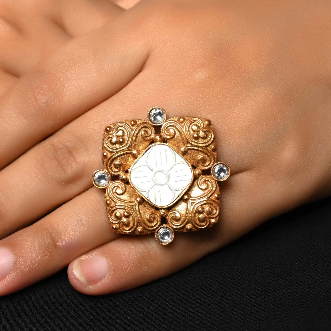 Close-up of the Ganga White Stone Gold Plated Boutique Ring, highlighting its shimmering white stone and gold plating