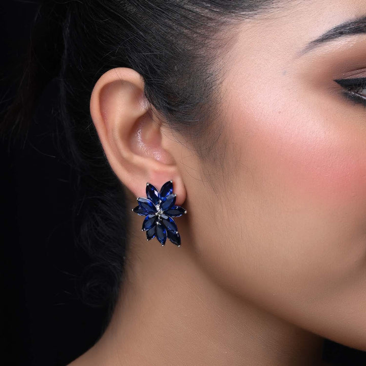 Payal Blue Sapphire Floral American Diamond Silver Plated Earrings