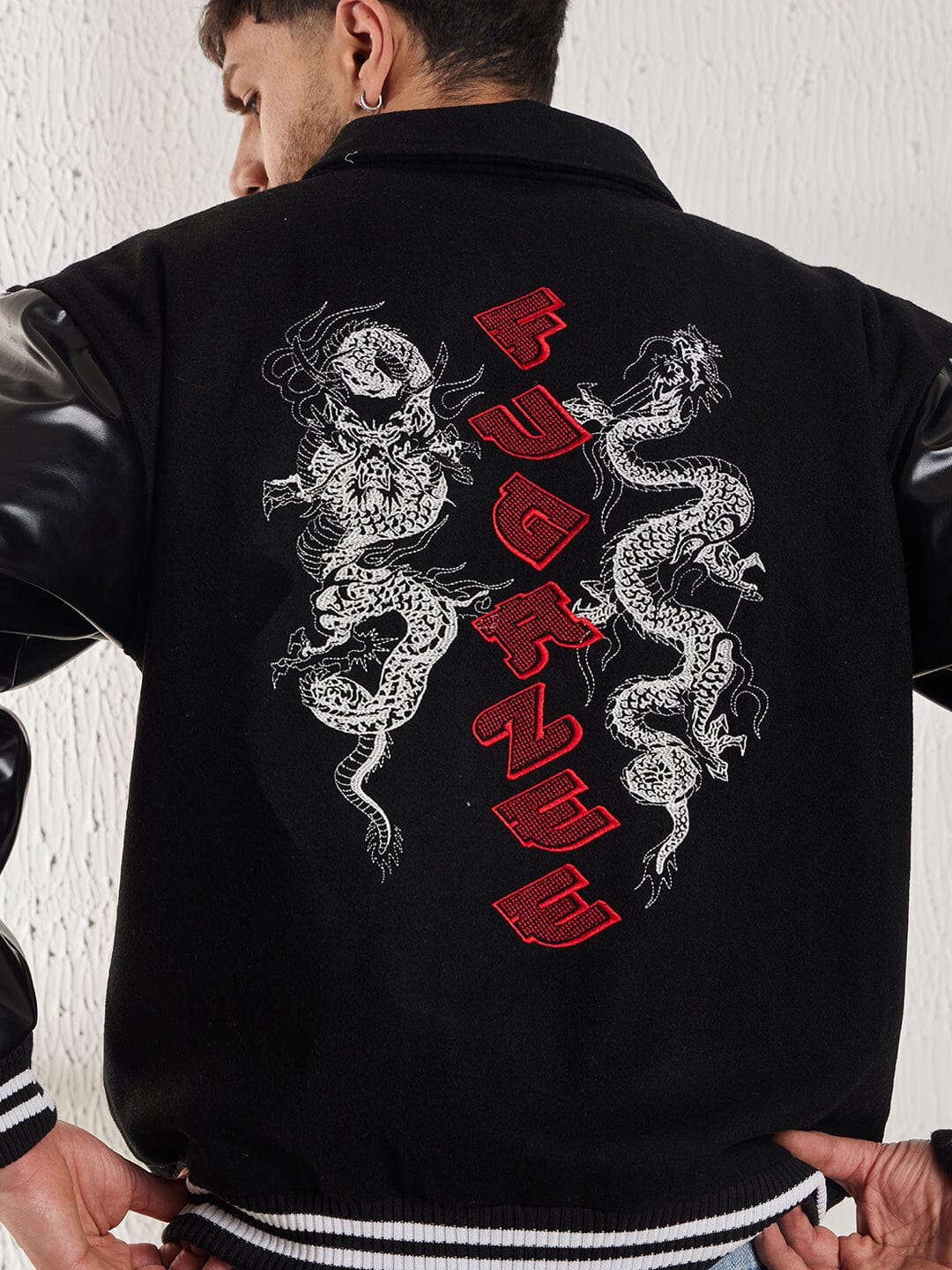 Black Dragon Embroidery Varsity Jacket