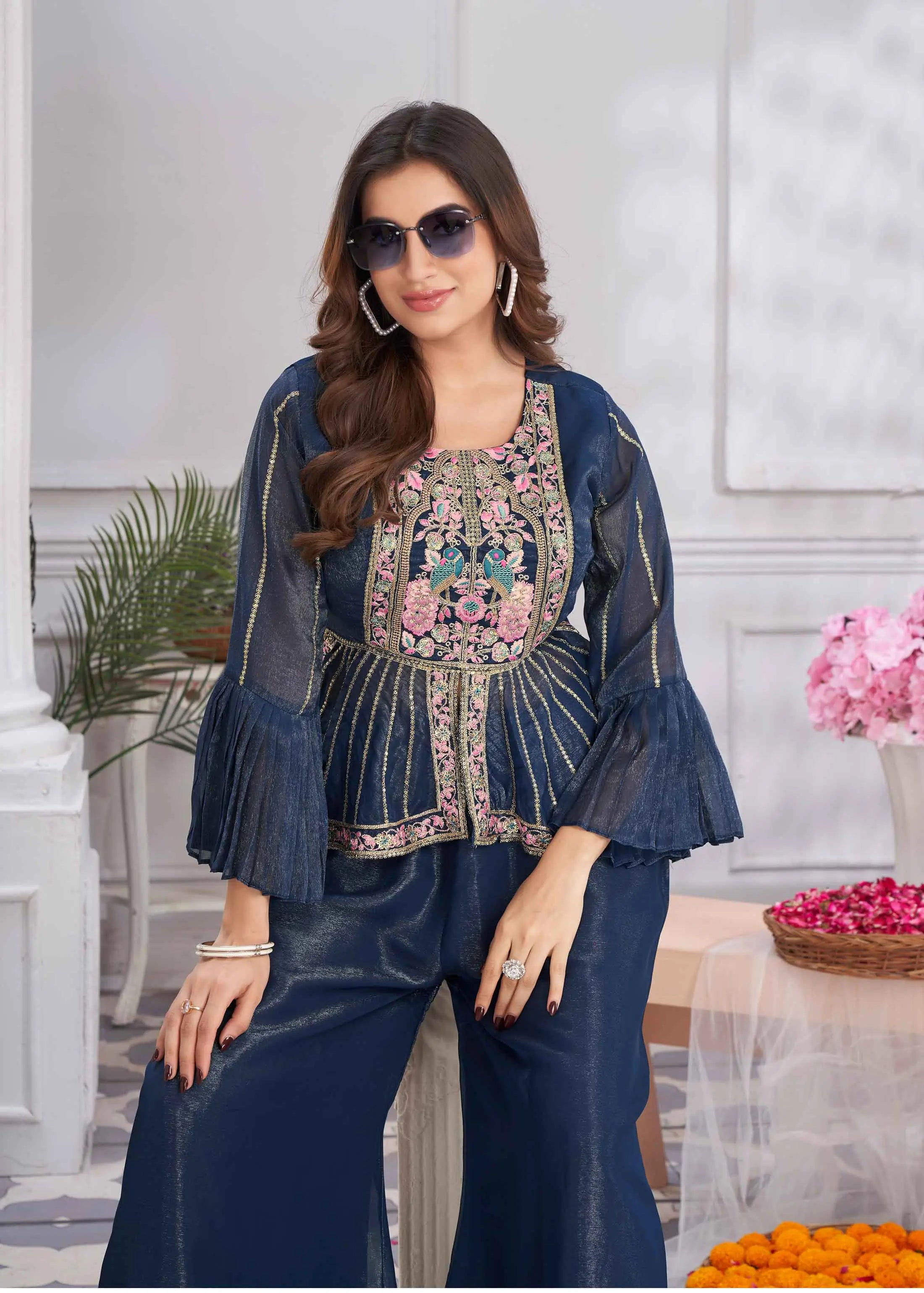 Blue Designer Embroidery Hand Work  Fancy Top & Sharara - qivii