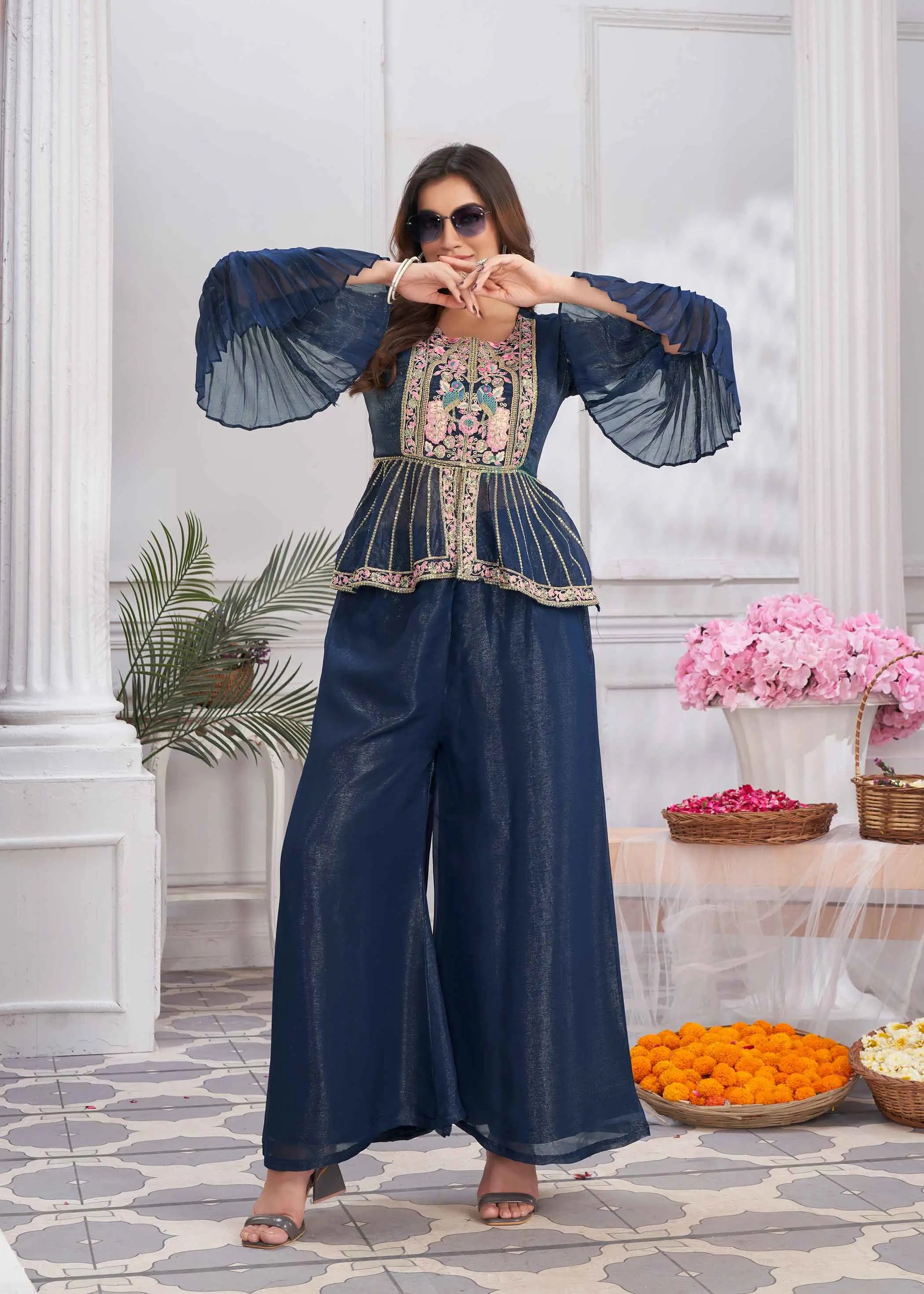 Blue Designer Embroidery Hand Work  Fancy Top & Sharara - qivii