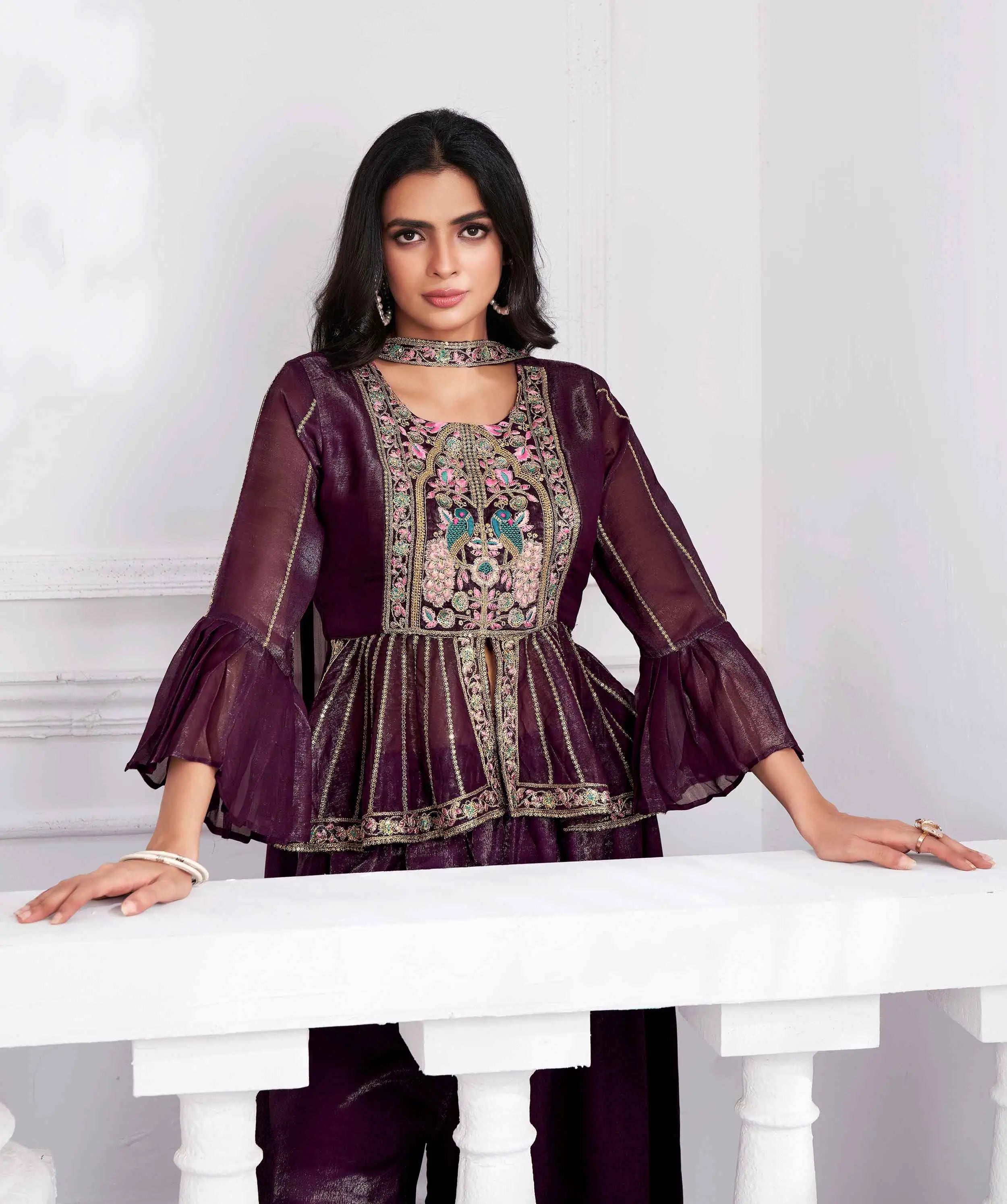 Wine Designer Embroidery Hand Work  Fancy Top & Sharara - qivii