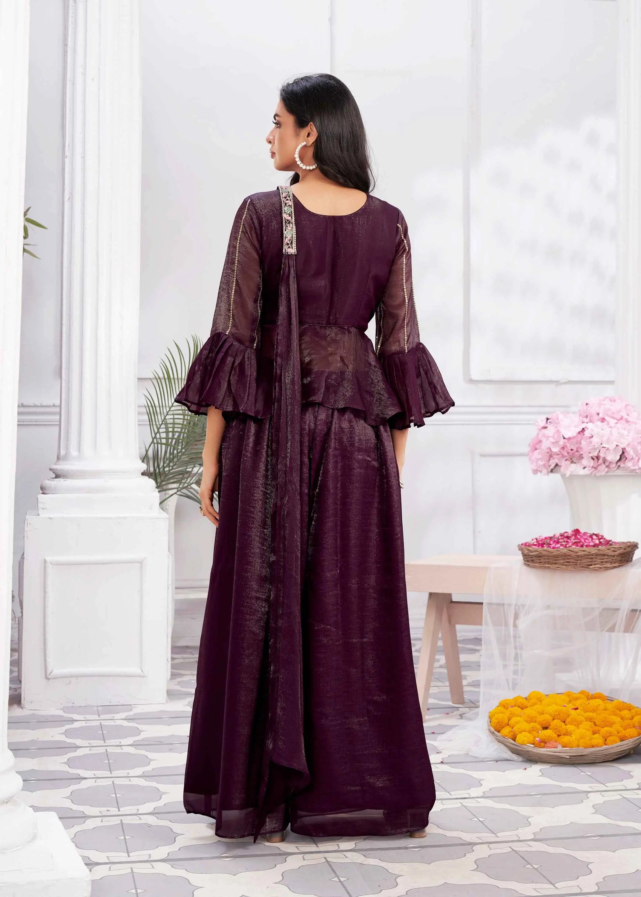 Wine Designer Embroidery Hand Work  Fancy Top & Sharara - qivii