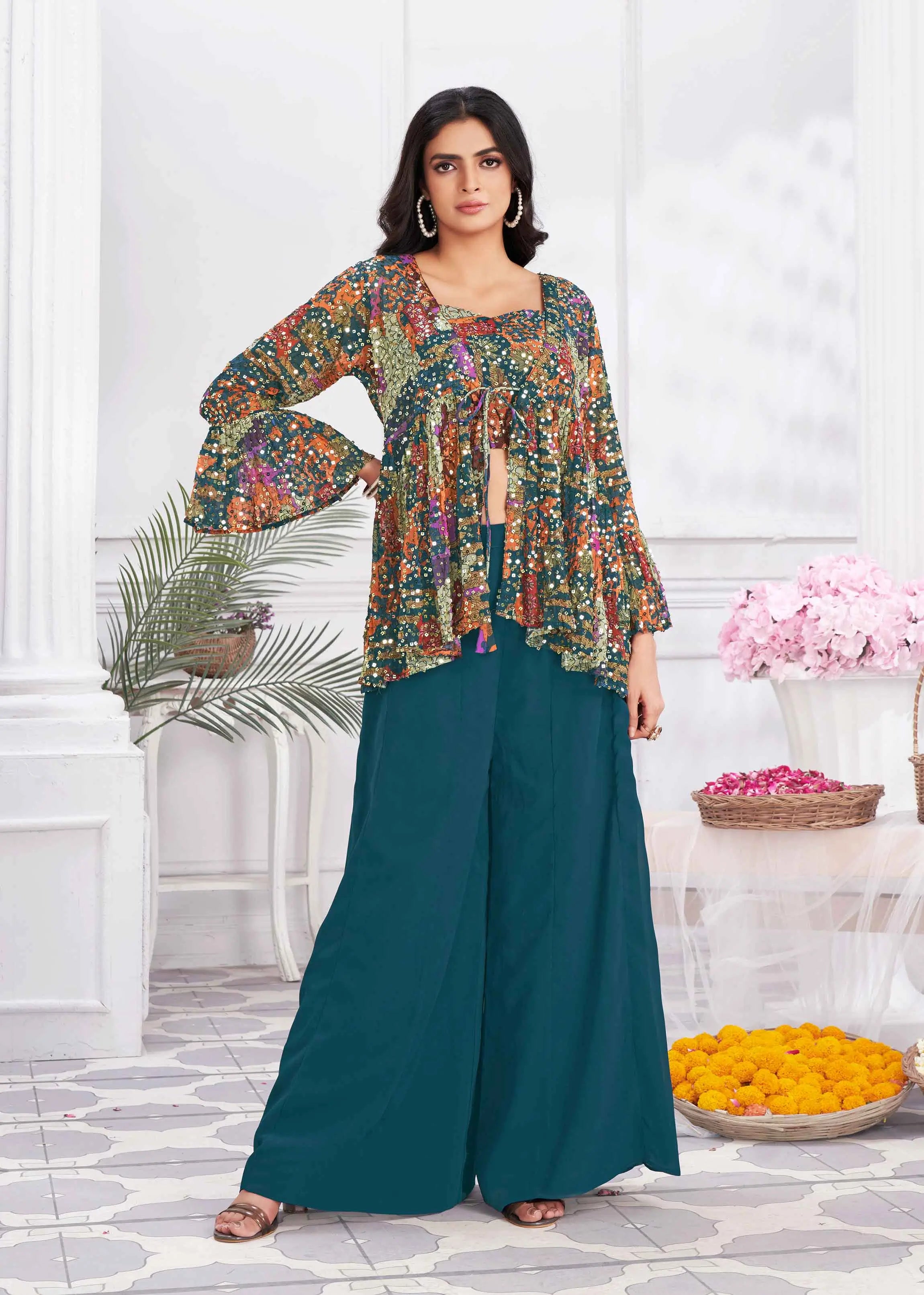 Teal Blue Sequins Embroidery Work Indo Western With Shrug - qivii