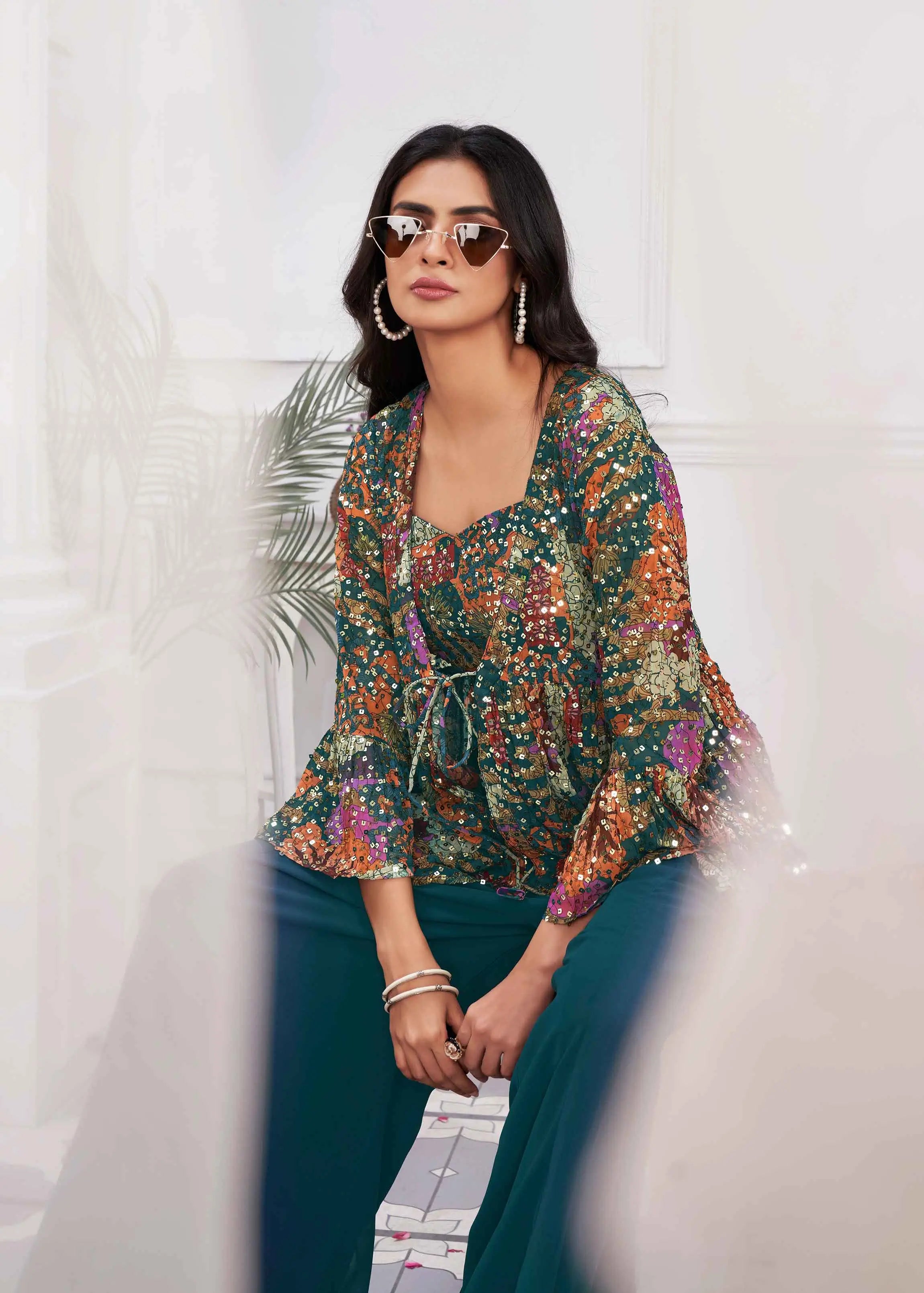 Teal Blue Sequins Embroidery Work Indo Western With Shrug - qivii