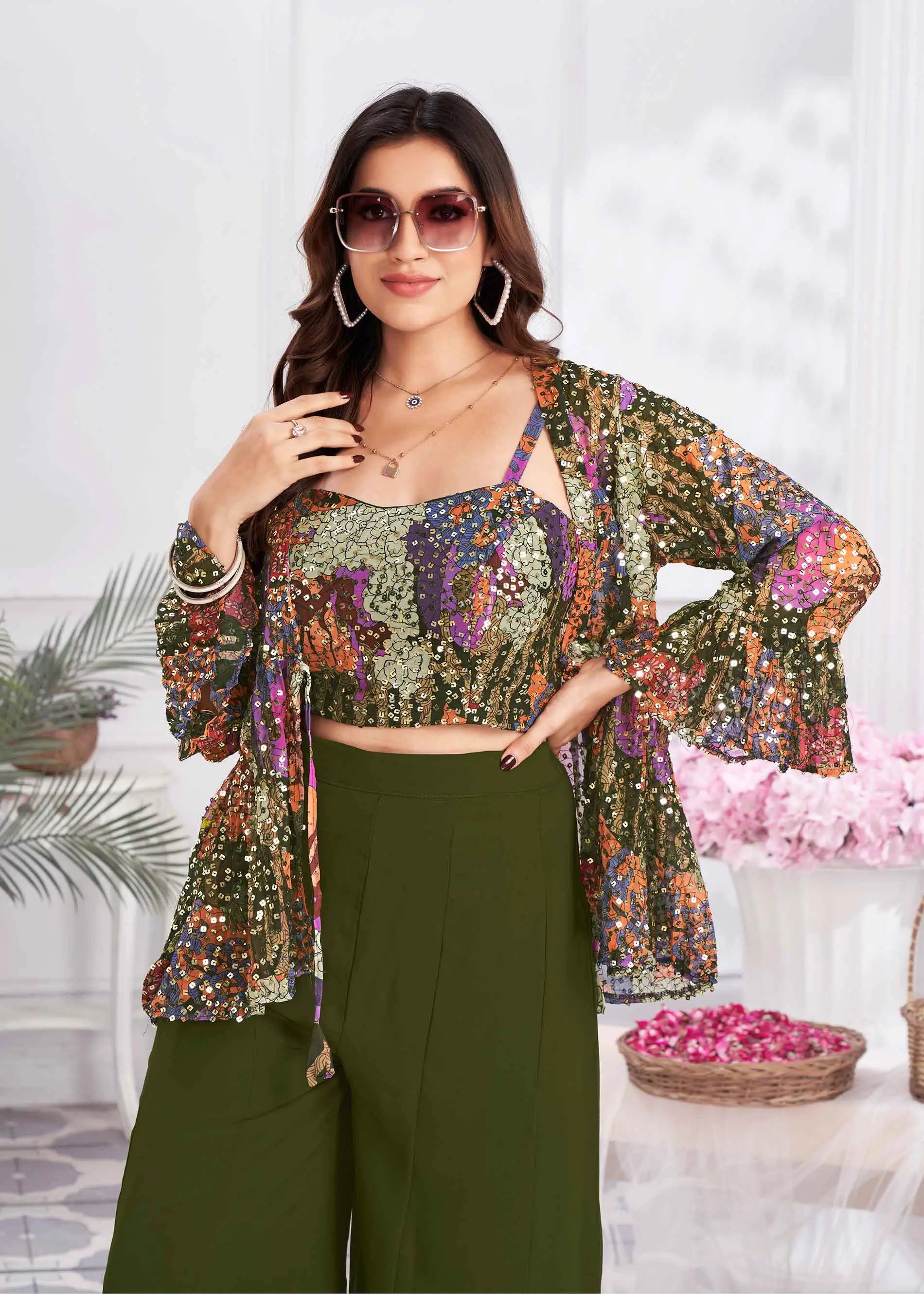 Olive Green Sequins Embroidery Work Indo Western With Shrug - qivii
