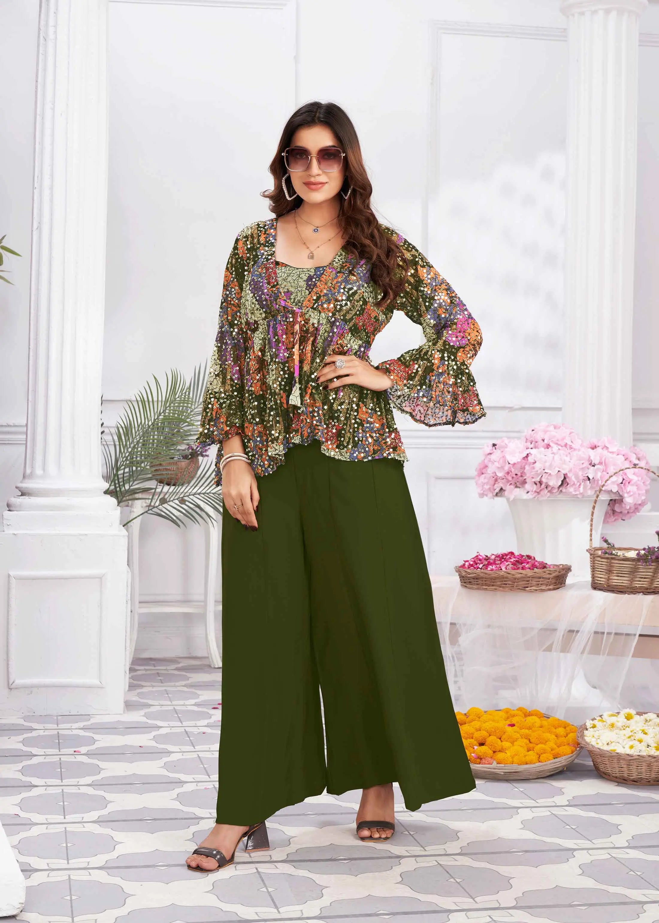 Olive Green Sequins Embroidery Work Indo Western With Shrug - qivii