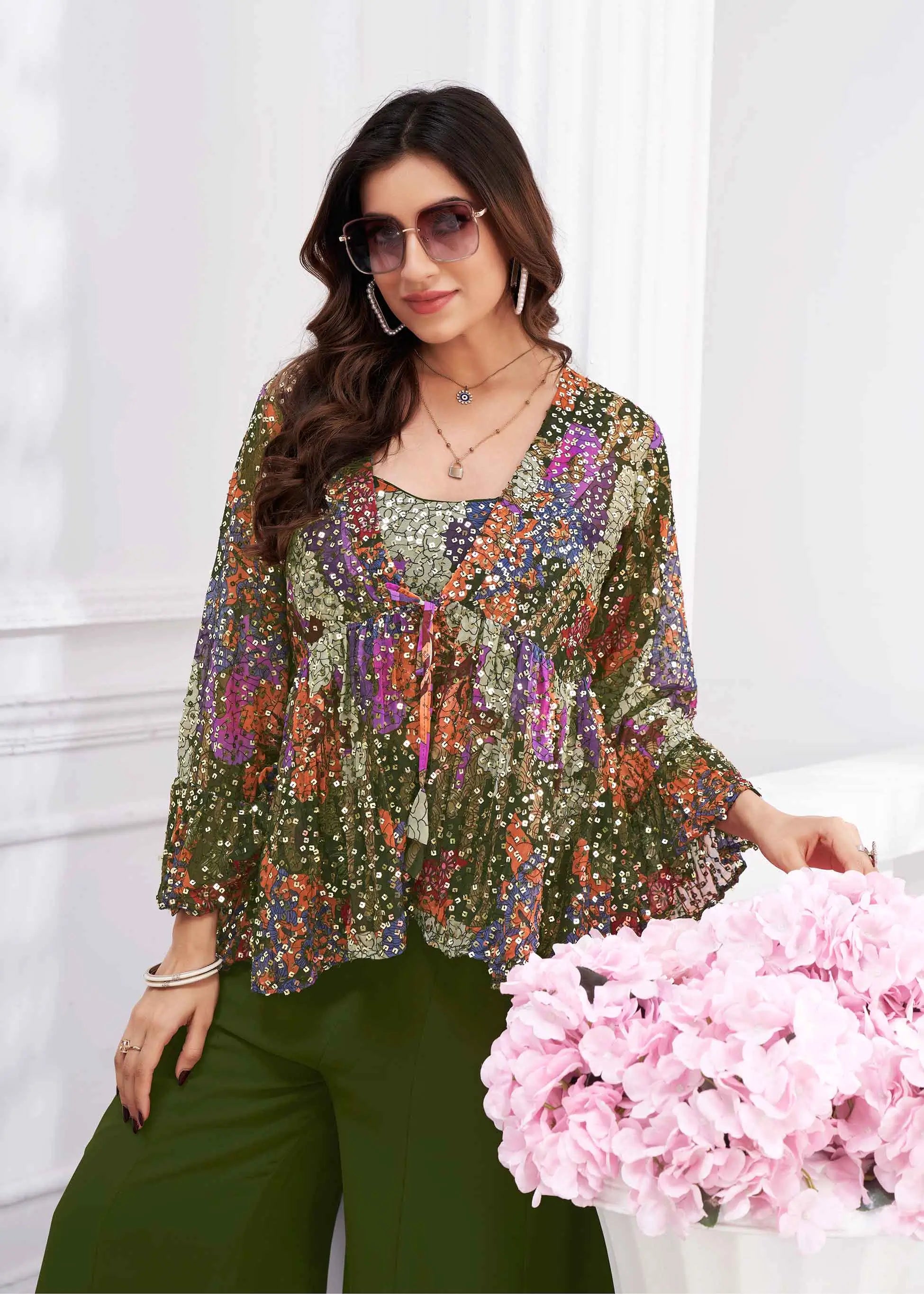 Olive Green Sequins Embroidery Work Indo Western With Shrug - qivii