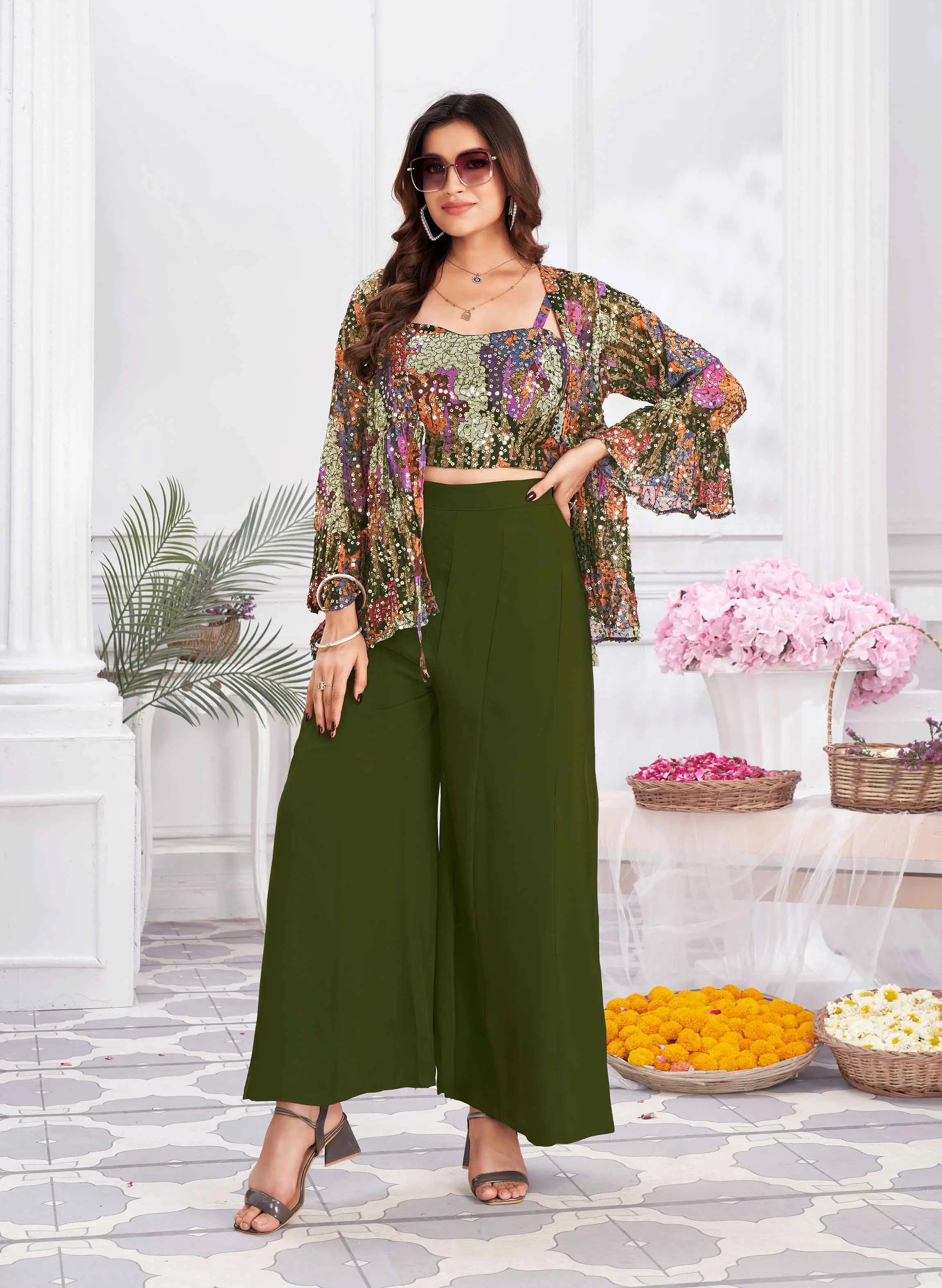 Olive Green Sequins Embroidery Work Indo Western With Shrug - qivii