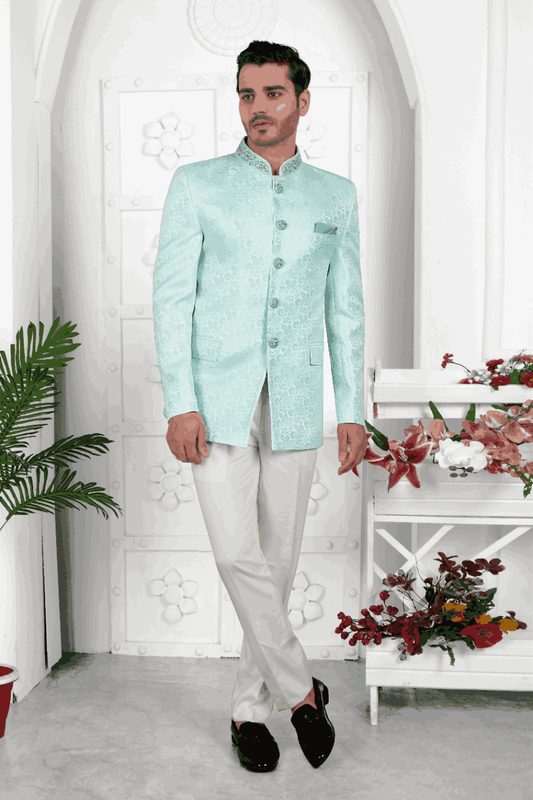Men's Firozi Green Jacquard Silk Embroidery Jodhpuri Jacket