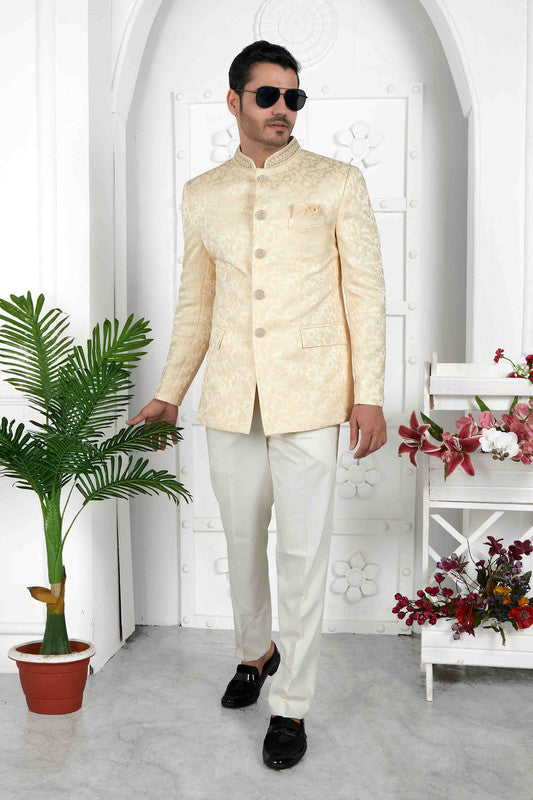 Men's Beige Jacquard Silk Embroidery Jodhpuri Jacket