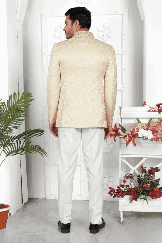 Men's Beige Jacquard Silk Embroidery Jodhpuri Jacket