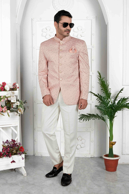 Men's Peach Art Silk Thread Work Jodhpuri Jacket