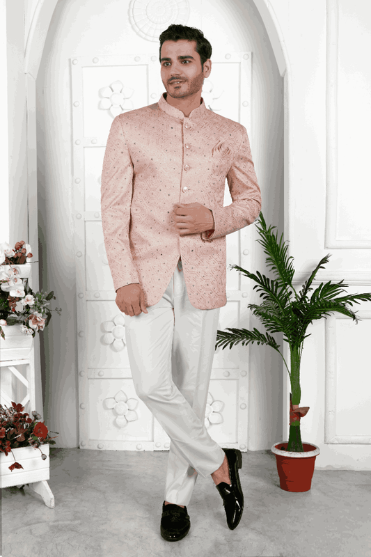 Men's Peach Art Silk Thread Work Jodhpuri Jacket