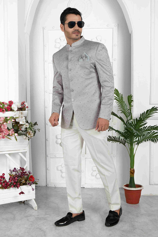 Men's Grey Art Silk Thread Work Jodhpuri Jacket