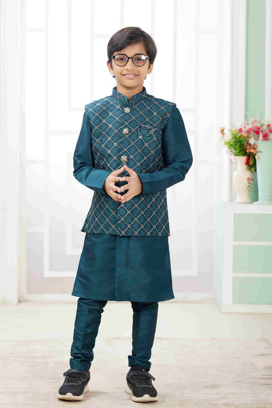 Boy's Teal Green Art Silk Embroidery Jacket Set