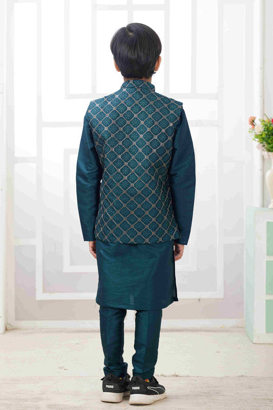 Boy's Teal Green Art Silk Embroidery Jacket Set