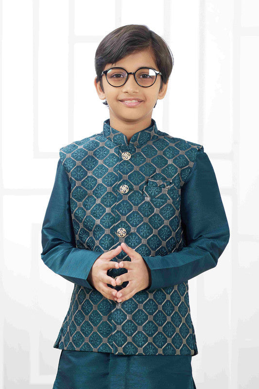 Boy's Teal Green Art Silk Embroidery Jacket Set