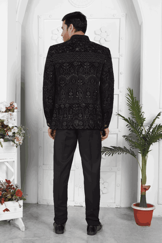 Men's Black Velvet Thread Work Jodhpuri Jacket