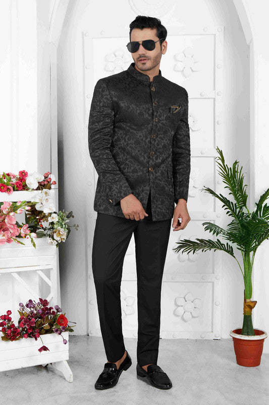 Men's Black Jacquard Silk Thread Work Jodhpuri Jacket