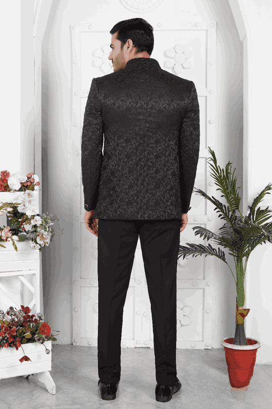 Men's Black Jacquard Silk Thread Work Jodhpuri Jacket