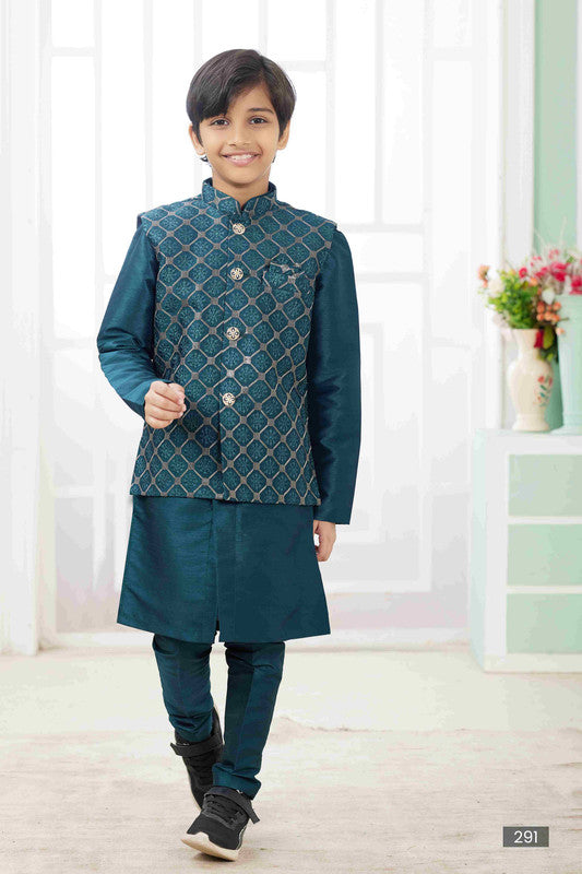 Boy's Teal Green Art Silk Embroidery Jacket Set
