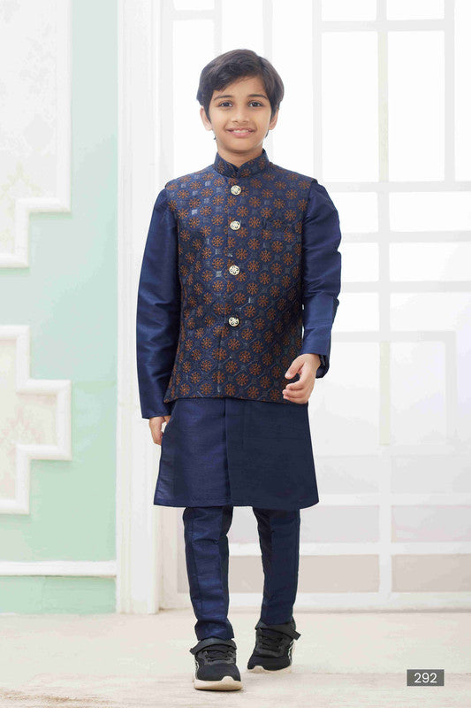 Boy's Navy Blue Art Silk Embroidery Jacket Set