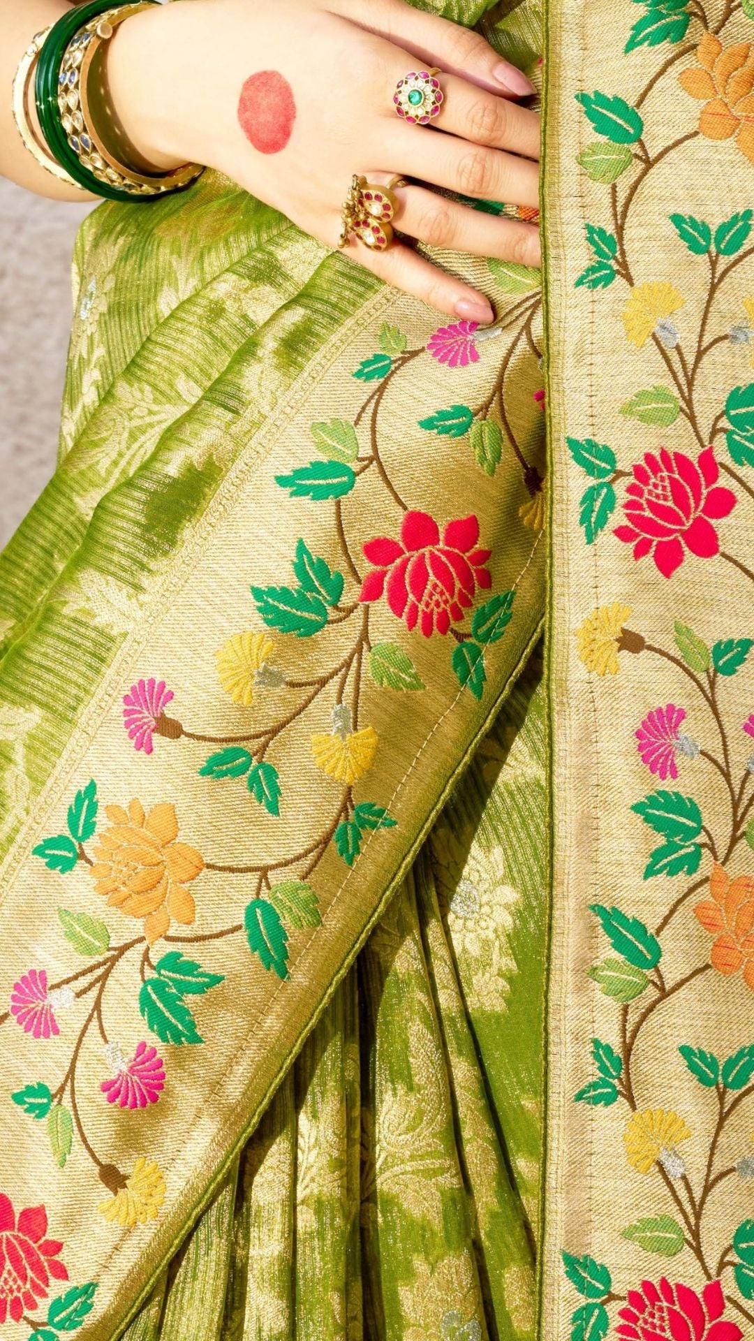 Green Kora Banarasi Saree With Delicate floral patterns