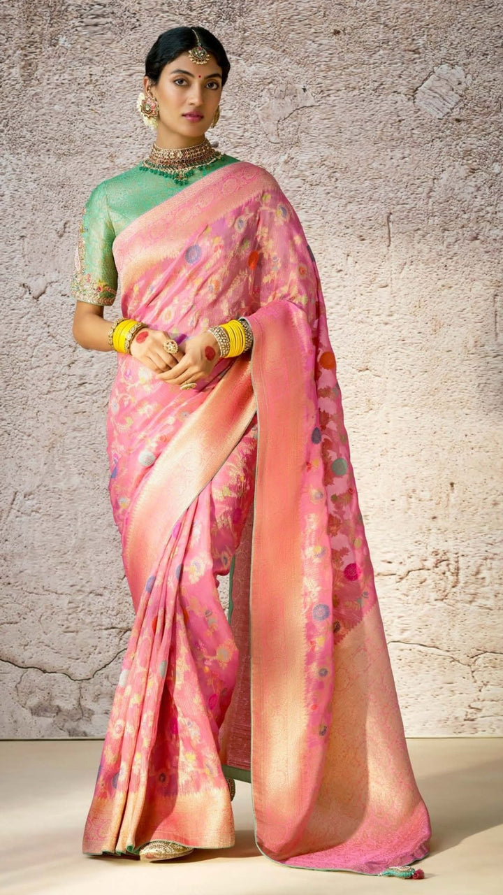 Pink Kora Banarasi Saree With Delicate floral patterns